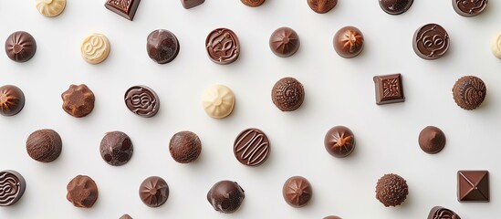 Aufkleber - Various tasty chocolate candies arranged on a blank white surface for text placement in a flat lay copy space image