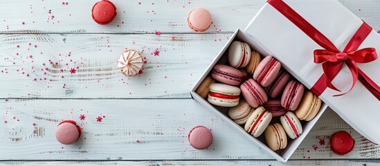 Aufkleber - Valentine s Day theme with a white rustic wooden backdrop holding a white gift box filled with vibrant macarons creating a romantic copy space image