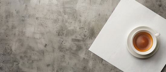 Poster - Top view of a mockup featuring blank paper and a cup of coffee on a gray concrete background perfect for adding your own content in the copy space image