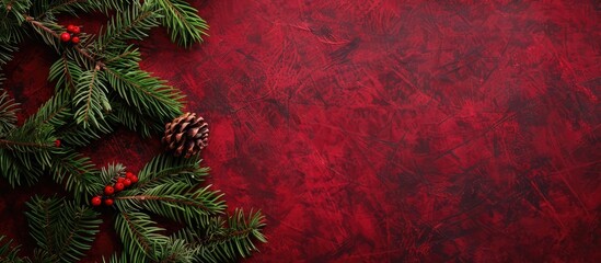 Leinwandbilder - Spruce tree branches on a red velvet background creating a festive Christmas decoration setting Top down view emphasizes the card concept with ample copy space image