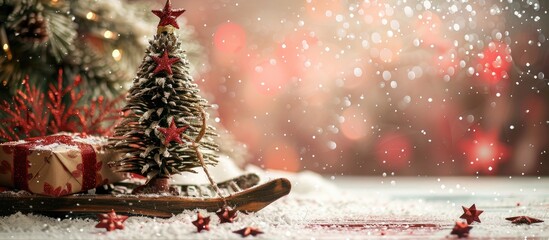 Aufkleber - A simple and bright Christmas composition featuring a decorative fir tree wooden sledge snow and shimmering red stars in a copy space image