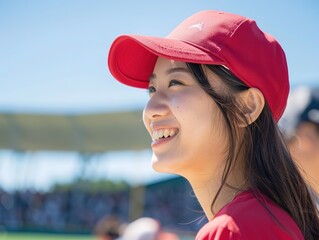  Enthusiastic Female Fan with Apple Red Baseball Cap Smiling and Cheering in the Front Row of a Sunny Baseball Stadium