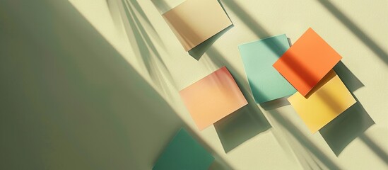 Aufkleber - Minimalistic blank cards in various colors floating on a beige green backdrop with shadows ideal for a business brand template offering ample copy space image