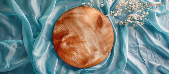 Poster - Top view of a wooden disc on blue fabric with white tendrils providing ample copy space image