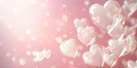 Wall Mural - transparent glass hearts on a pink background. romantic and elegant decoration.