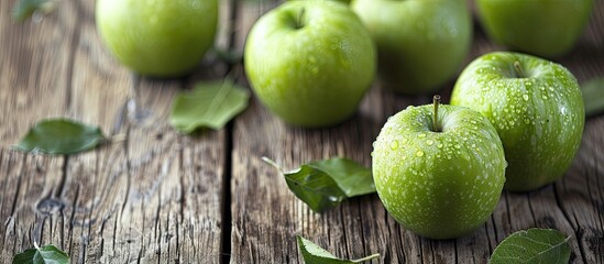 Leinwandbilder - Fresh ripe green apples displayed beautifully on a wooden table with ample copy space image