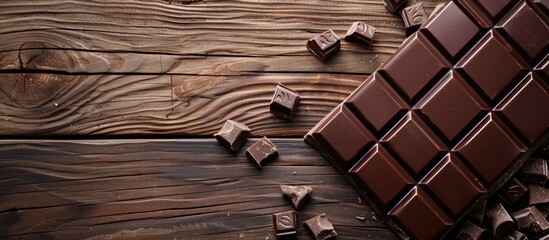 Wall Mural - Mouthwatering milk chocolate on rustic wooden surface arranged from above for text placement Ample copy space image