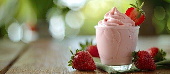 Aufkleber - Selective focused strawberry yogurt displayed on a table with copy space image
