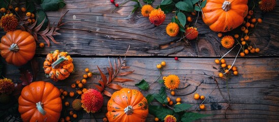 Poster - Fall themed decorations on a wooden table include pumpkins rowan and flowers creating an autumnal composition View from above with copy space image available