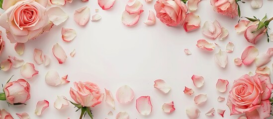 Poster - Top view of a frame created with rose flowers against a white backdrop ideal for flat lay design with available copy space image