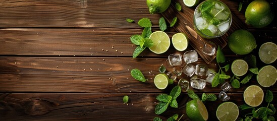 Poster - Rustic wooden background with a Mojito cocktail and its ingredients leaving room for copy space image