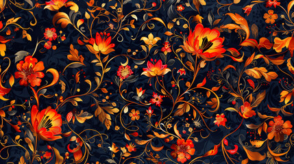 Poster - Traditional textile design: seamless pattern with stylized red and orange flowers, golden leaves on a dark background