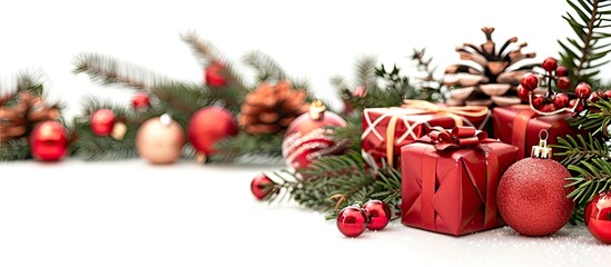 Poster - A festive arrangement featuring Christmas presents adorned with a spruce twig and ornaments against a white backdrop creating a beautiful copy space image