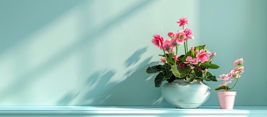 Aufkleber - Lovely begonia flowers displayed on a shelf near a bright bedroom wall with copy space image