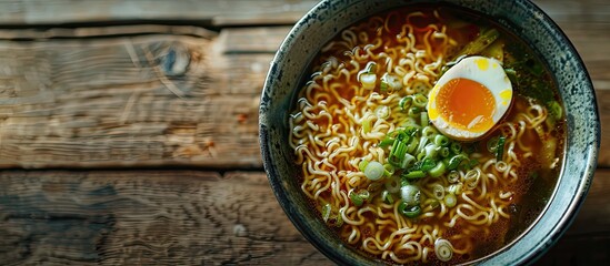 Poster - Traditional Asian noodles floating in savory broth with copy space image for presentation