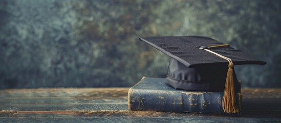 Poster - Graduation cap resting on a book with a blank area for an image symbolizing the concept of obtaining knowledge at a university. Creative banner. Copyspace image