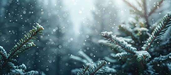 Poster - Winter forest with snow falling showcasing spruce branches Ideal scene for Christmas with a spacious area for additional images