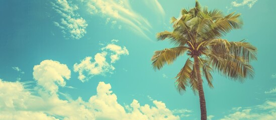 Poster - Tropical beach scene with a palm tree against a blue sky and white clouds creating a vintage style color filtered image perfect for summer vacation and business travel concepts featuring a copy space