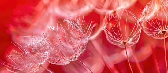 Fototapete - Macro close up image of dandelion pistils in spring showcasing their texture on a red background with copy space image