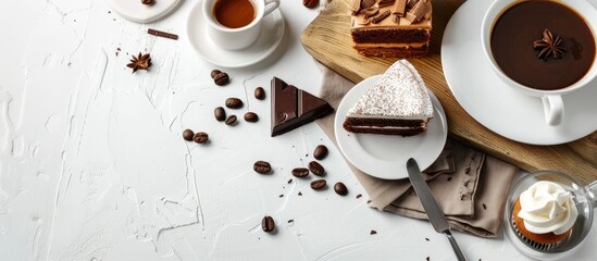 Aufkleber - A wooden table setting displaying coffee cake dessert and chocolate with a clean white backdrop for potential use as a copy space image