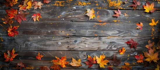 Canvas Print - Fall foliage of maple trees on a vintage wooden backdrop with ample copy space image