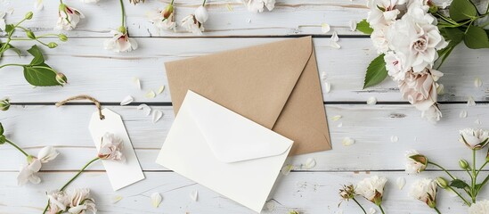 Aufkleber - White wooden background showcasing an envelope with a blank card tag and flowers creating a harmonious copy space image