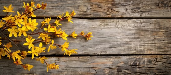 Poster - Wooden background showcasing a vibrant Forsythia with copy space image available