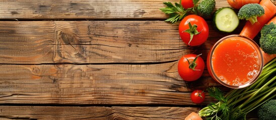 Poster - A top down view of a wooden table with a fresh vegetable smoothie made of tomatoes cucumbers and carrots with empty space for text or visuals. Creative banner. Copyspace image