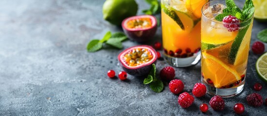 Wall Mural - Copy space image of passion fruit berries summer mojito with lime mint drink on a gray stone table perfect for a bar s alcohol drink menu