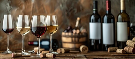 Aufkleber - Table with wine bottles glasses corks and copy space image in the background