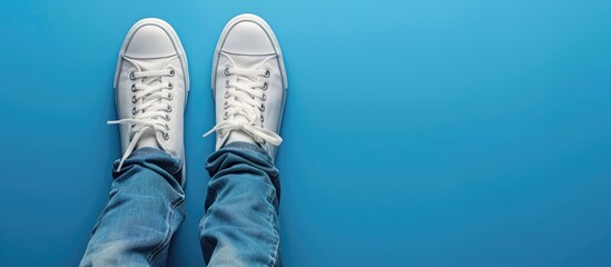 Sticker - Stylish jeans and sneakers on blue background with copy space image