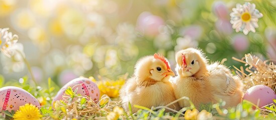 Aufkleber - An Easter themed banner with charming chickens colorful flowers and a festive atmosphere perfect for spreading spring cheer copy space image included