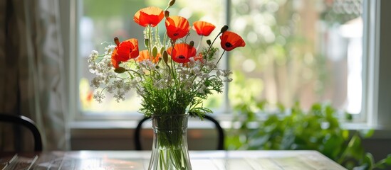 Aufkleber - A vase with a vibrant mix of spring and summer flowers including red poppies sits on a table in the living room s dining area next to a window with room for a photo. Creative banner. Copyspace image