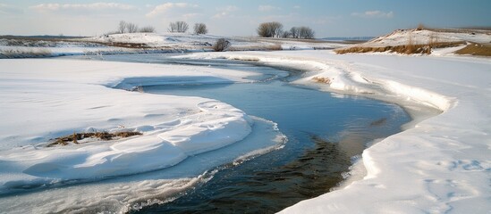 Poster - Springtime river with ice and cracks ideal for a copy space image