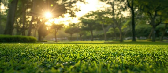 Wall Mural - Green grass fields and fresh tree plants in a public park under beautiful morning light provide a versatile copy space image background