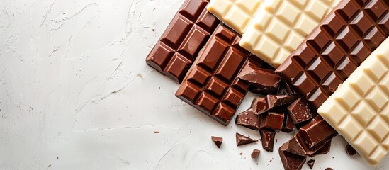 Poster - Isolated on a white background a display of milk and dark chocolate bars with copy space image