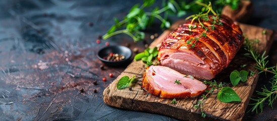 A festive and traditional Keto diet dish homemade baked pork ham on a rustic cutting board adorned with aromatic herbs The image includes selective soft focus and a text copy space for a ketogenic di