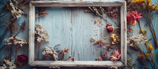Poster - Vintage filtered with dried flowers a blank wooden photo frame is perfect for Valentine s Day enhancing a copy space image