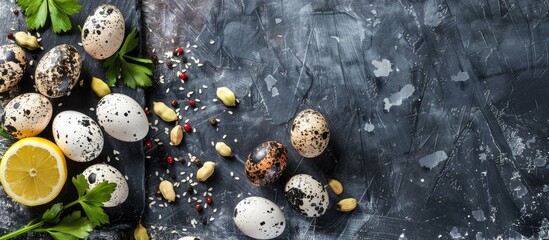 Poster - Food concept featuring quail eggs lemon sesame and spices on a rustic dark surface with available copy space image