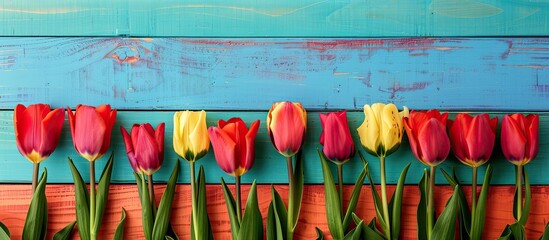 Aufkleber - Tulips arranged attractively on a colorful wooden backdrop with copy space image