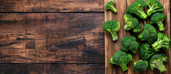 Aufkleber - Top view of organic broccoli florets on a wooden board with copy space image for added text or elements