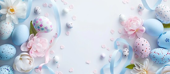 Sticker - Easter themed background featuring pastel colored eggs flowers candy and ribbons on a white backdrop ideal for adding text or images. Creative banner. Copyspace image