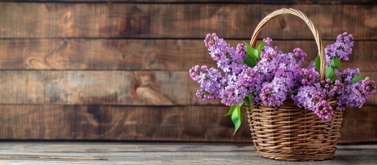 Aufkleber - Vintage wicker basket with purple lilacs on rustic wood background for a Mother s Day greeting card Includes copy space image
