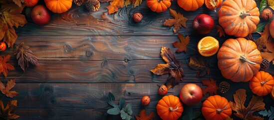 Poster - Top view of a wooden table adorned with autumn pumpkins fruits and fall leaves creating a Thanksgiving themed setting with ample copy space image