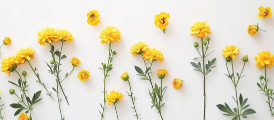 Leinwandbilder - Yellow flowers arranged on a white surface symbolizing summer and autumn in a flat lay style with a top view ideal for a copy space image