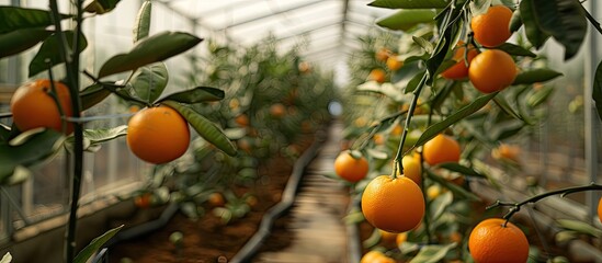 Aufkleber - Greenhouse with ripe tangerine tree fruits providing a copy space image