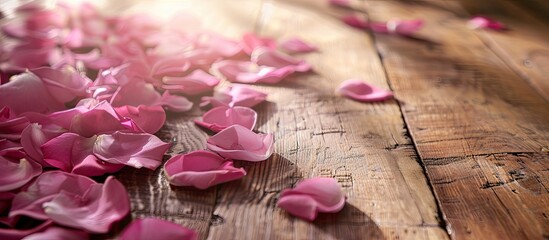 Aufkleber - Romantic setting with a sweet pink rose petal backdrop on a wooden floor in oak color perfect for a copy space image
