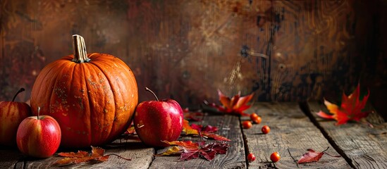 Poster - A festive autumn setting with a ripe pumpkin apples and leaves on a wooden table perfect for Thanksgiving Ideal for a banner or greeting card with copy space image