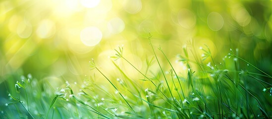 Aufkleber - A wide format close up outdoors image of vibrant green meadow grass in spring or summer It showcases nature s freshness with copy space and an abstract bokeh background