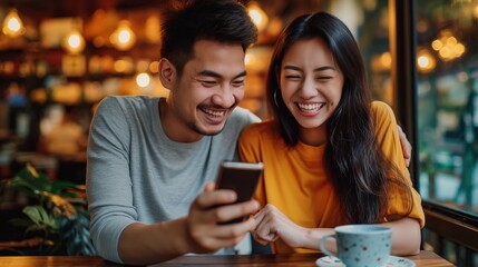 Wall Mural - couple drinking coffee in cafe and checking messages on their smart phone